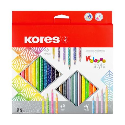 Színes ceruza készlet, háromszögletű, KORES "Kolores Style", 26 különböző szín