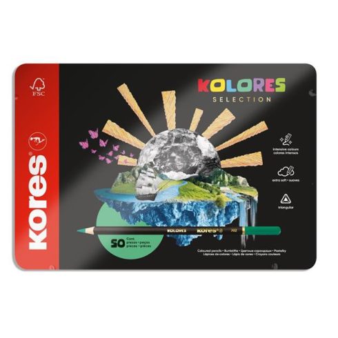 Színes ceruza készlet, háromszögletű, fém doboz, KORES "Kolores Selection", 50 különböző szín