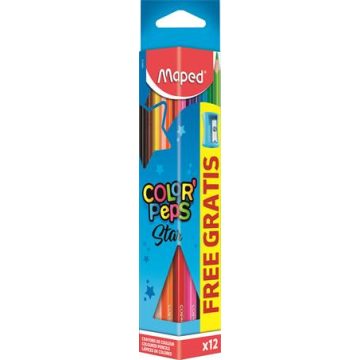   Színes ceruza készlet, háromszögletű, hegyezővel, MAPED "Color'Peps Star", 12 különböző szín