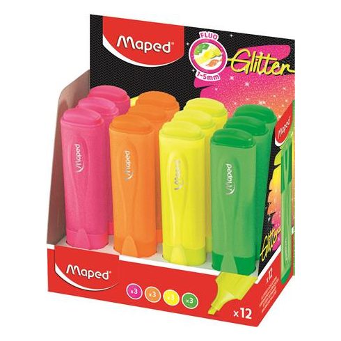 Szövegkiemelő display, 1-5 mm, MAPED "Glitter Fluo Peps", vegyes fluoreszkáló színek