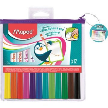   Táblamarker készlet, 1,5 mm, kimosható, fehértáblához, MAPED "Marker'Peps", 12 különböző szín