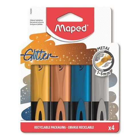 Szövegkiemelő készlet, 1-5 mm, MAPED "Glitter Fluo Peps", 4 különböző metálfényű szín