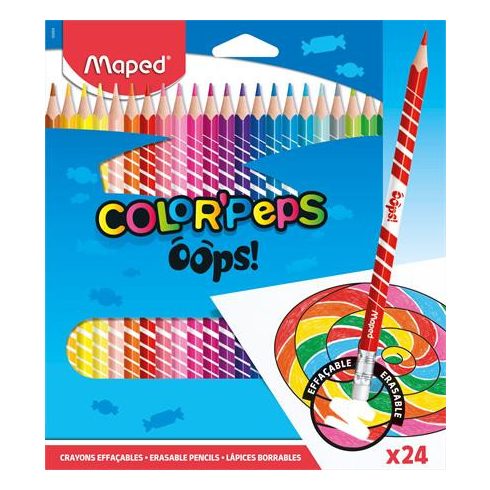 Színes ceruza készlet, háromszögletű, radírozható, MAPED "Color'Peps Oops", 24 különböző szín
