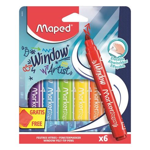 Ablakfilc készlet, vastag, törlőkendővel, 5 mm, MAPED "Marker'Peps", 6 különböző szín