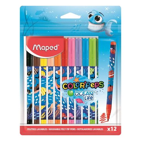 Filctoll készlet, 2 mm, kimosható, MAPED "Color'Peps Ocean Life", 12 különböző szín