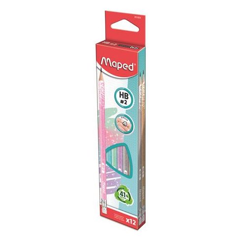 Grafitceruza radírral, HB, háromszögletű, MAPED "Black'Peps Glitter Deco", vegyes pasztell színek