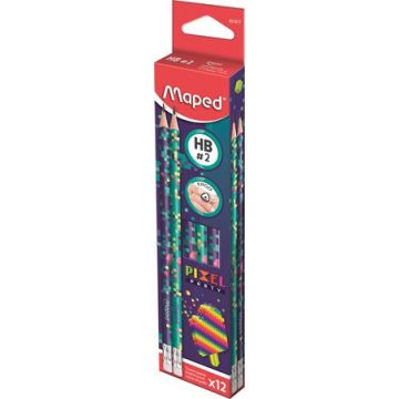   Grafitceruza radírral, HB, háromszögletű, MAPED "Pixel Party", 12 darab