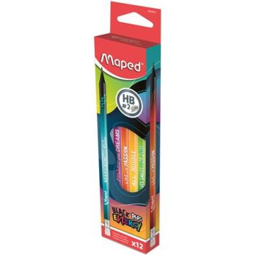   Grafitceruza radírral, HB, háromszögletű, MAPED "Black'Peps Energy", 6 különböző minta