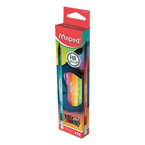 Grafitceruza radírral, HB, háromszögletű, MAPED "Black'Peps Energy", 6 különböző minta