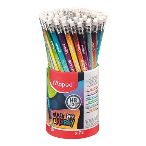 Grafitceruza radírral, ceruzatartó, HB, háromszögletű, MAPED "Black'Peps Energy", 6 különböző minta