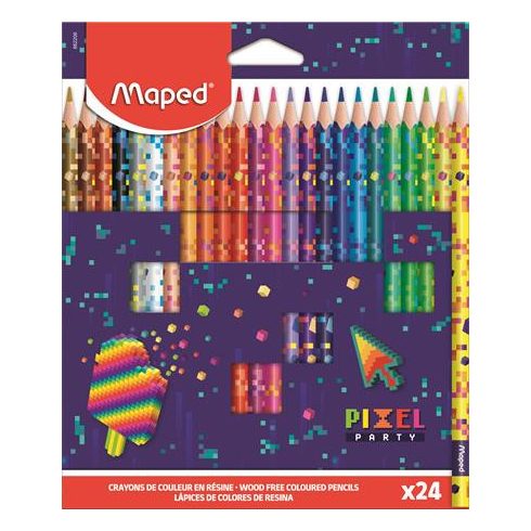 Színes ceruza készlet, háromszögletű, MAPED "Pixel Party", 24 különböző szín