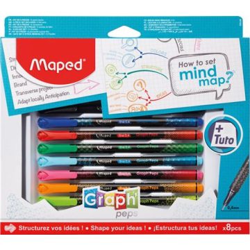   Tűfilc készlet, 0,4 mm, MAPED "Graph'Peps - How to Mind Map Box", 8 különböző szín