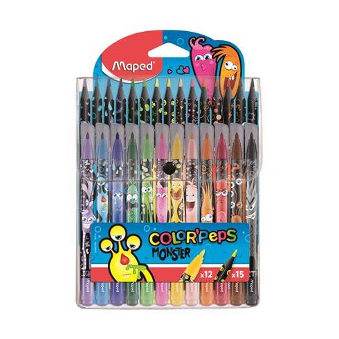 Filctoll és színes ceruza készlet, MAPED "Color'Peps Monster" 12+15 különböző szín