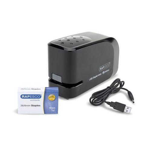 Tűzőgép, 26/6, 15 lap, elemes, USB töltővel, RAPESCO "626EL", fekete