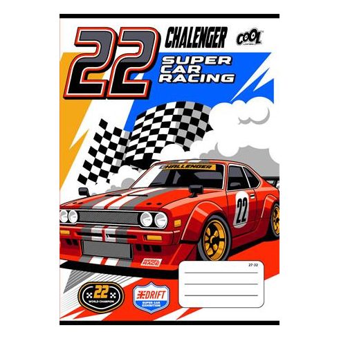 Füzet, tűzött, A5, kockás, 32 lap, COOL BY VICTORIA "Race cars", "27-32"