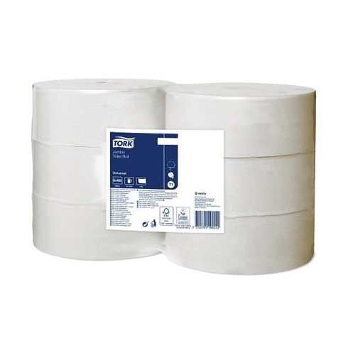 Toalettpapír, T1 rendszer, 2 rétegű, 26 cm átmérő, Universal, TORK "Jumbo", fehér 