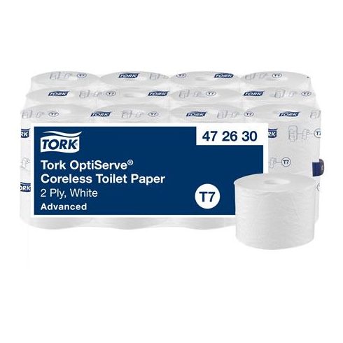 Toalettpapír, belsőmag nélküli, T7 rendszer, 2 rétegű, 13,1 cm átmérő, Advanced, TORK "OptiServe", fehér