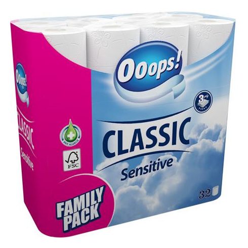 Toalettpapír, 3 rétegű, kistekercses, 32 tekercs, OOOPS "Classic", sensitive