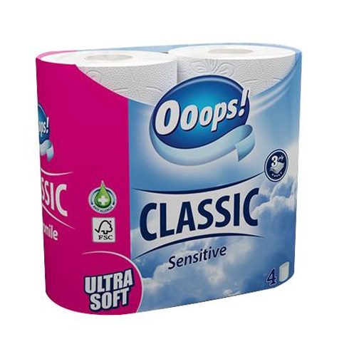 Toalettpapír, 3 rétegű, kistekercses, 4 tekercs, OOOPS "Classic", sensitive