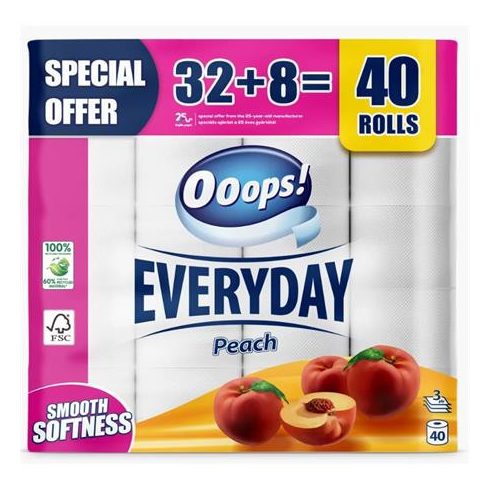 Toalettpapír, 3 rétegű, kistekercses, 32+8 tekercs, OOOPS "Everyday", barack