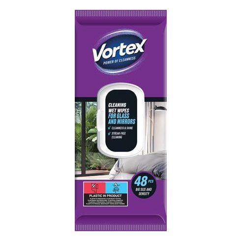 Nedves törlőkendő, üveg- és tükör felületre, visszazárható tetővel, 48 db, VORTEX