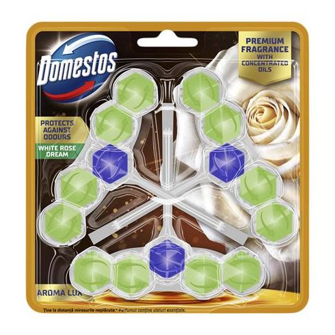 WC frissítő blokk, 3 db-os, DOMESTOS "Aroma Lux", fehér rózsabimbó és teafa olaj