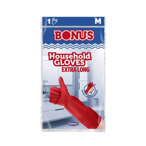 Gumikesztyű, háztartási, latex, extra hosszú, 38 cm, M méret, BONUS, piros
