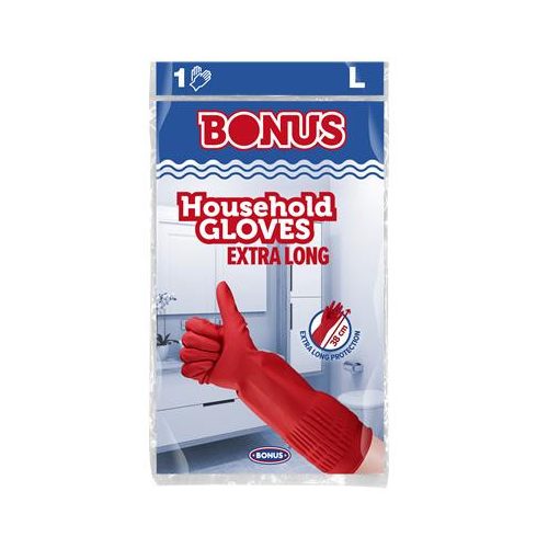 Gumikesztyű, háztartási, latex, extra hosszú, 38 cm, L méret, BONUS, piros