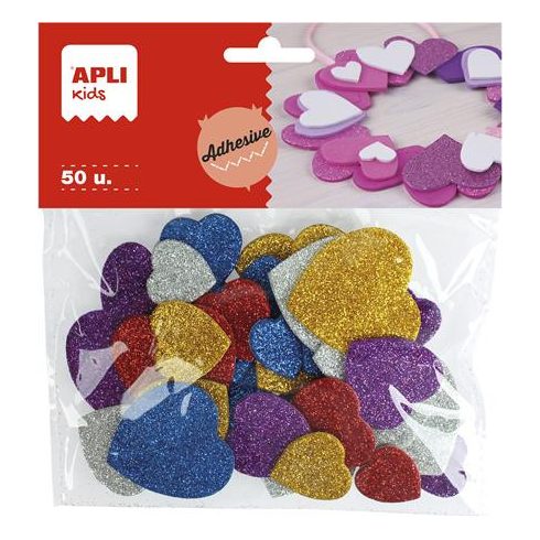 Moosgumi, öntapadó, glitteres, szívek, APLI Kids "Eva Sheets", vegyes színek