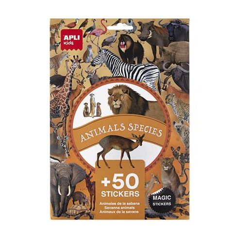 Matrica, újra felhasználható, 50 db, APLI Kids "Stickers", szavanna állatai