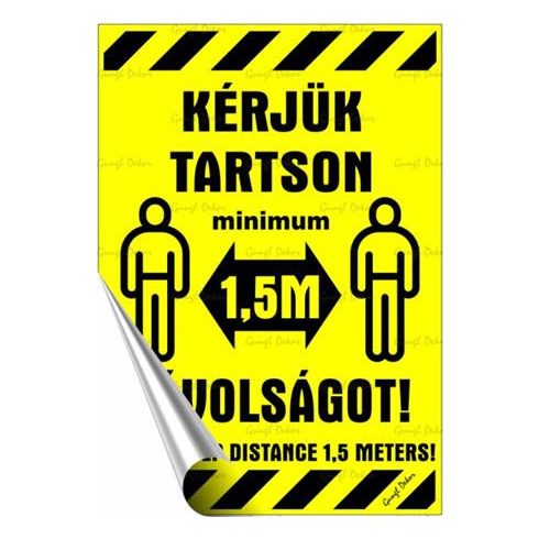 Információs matrica, 11,6x16,6 cm, kétnyelvű, "Kérjük tartson mininum 1,5 m távolságot!"