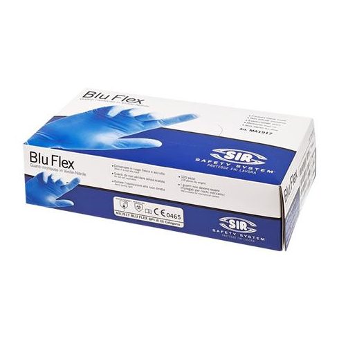 Védőkesztyű, egyszer használatos, latex mentes, nitril, S méret, 100 db, púder nélküli "Blu Flex"