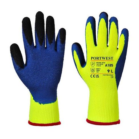 Védőkesztyű, latex, M méret "Duo-Therm", sárga-kék