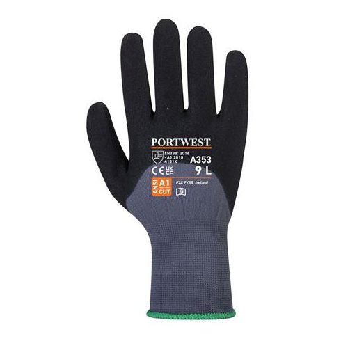 Védőkesztyű, nylon, nitrilhab, XL méret "DermiFlex Ultra Plus", szürke-fekete