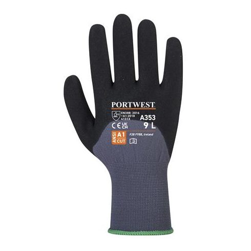 Védőkesztyű, nylon, nitrilhab, L méret "DermiFlex Ultra Plus", szürke-fekete