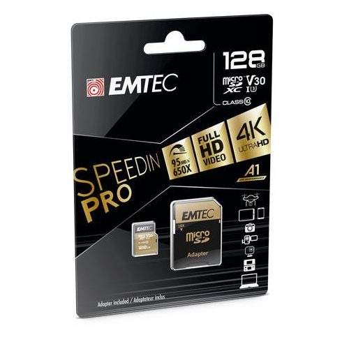 Memóriakártya, microSDXC, 128GB, UHS-I/U3/V30/A2, 100/95 MB/s, adapter, EMTEC "SpeedIN"
