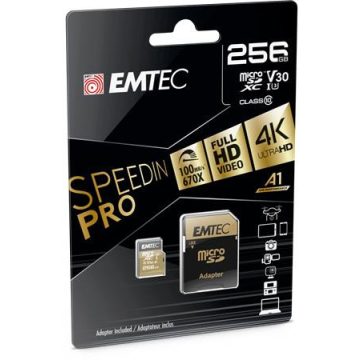   Memóriakártya, microSDXC, 256GB, UHS-I/U3/V30/A2, 100/95 MB/s, adapter, EMTEC "SpeedIN"