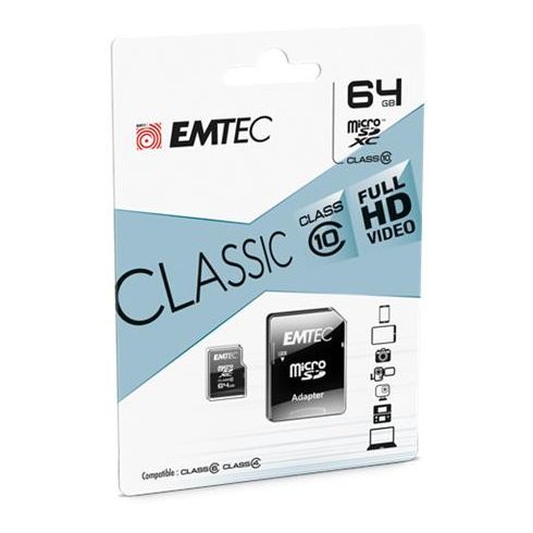 Memóriakártya, microSDXC, 64GB, CL10, 20/12 MB/s, adapter, EMTEC "Classic"