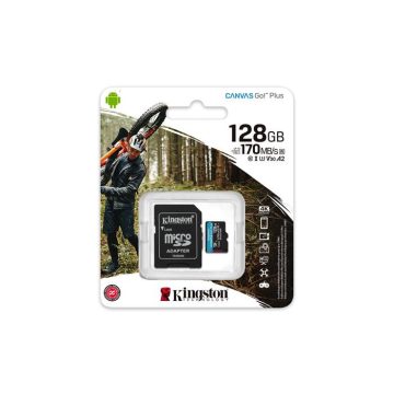   Memóriakártya, microSDXC, 128GB, C10/UHS-I/U3/V30/A2, adapter, KINGSTON "Canvas Go! Plus"