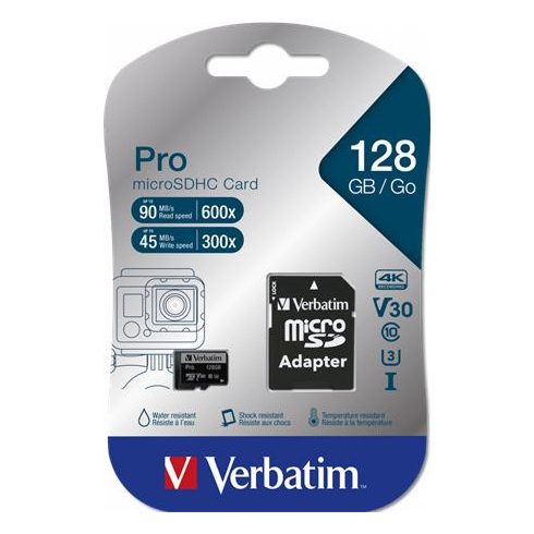 Memóriakártya, microSDXC, 128GB, CL10/U3, 90/45 MB/s, adapter, VERBATIM "PRO"