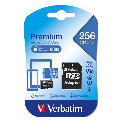Memóriakártya, microSDXC, 256GB CL10/U1, 90/10 MB/s, adapter, VERBATIM "Premium"