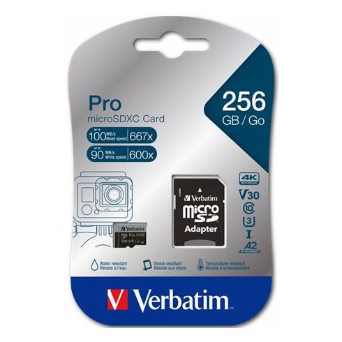 Memóriakártya, microSDXC, 256GB, CL10/U3/A2, 100/90 MB/s, adapter, VERBATIM "PRO"