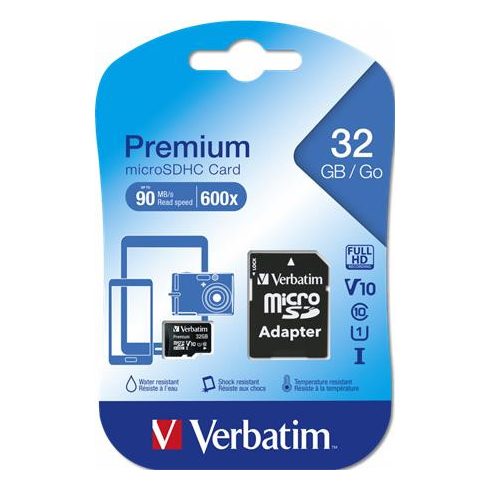 Memóriakártya, microSDHC, 32GB, CL10/U1, 90/10 MB/s, adapter, VERBATIM "Premium"