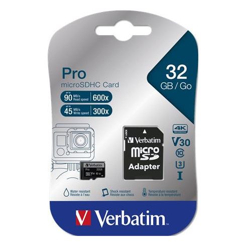 Memóriakártya, microSDHC, 32GB, CL10/U3, 90/45 MB/s, adapter, VERBATIM "PRO"