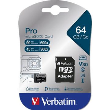   Memóriakártya, microSDXC, 64GB, CL10/U3, 90/45 MB/s, adapter, VERBATIM "PRO"