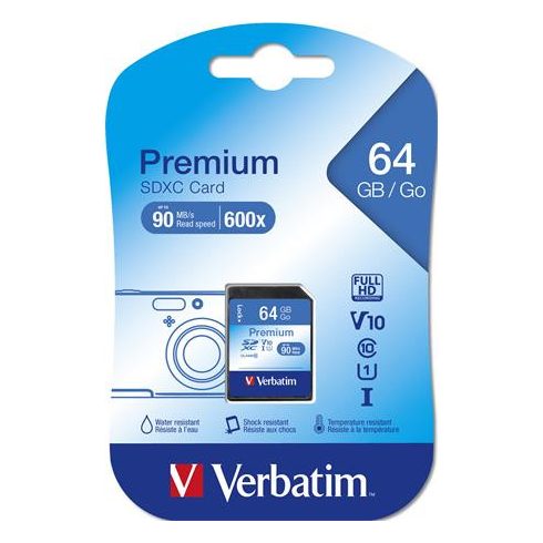 Memóriakártya, SDXC, 64GB, CL10/U1, 90/10 MB/s, VERBATIM "Premium"