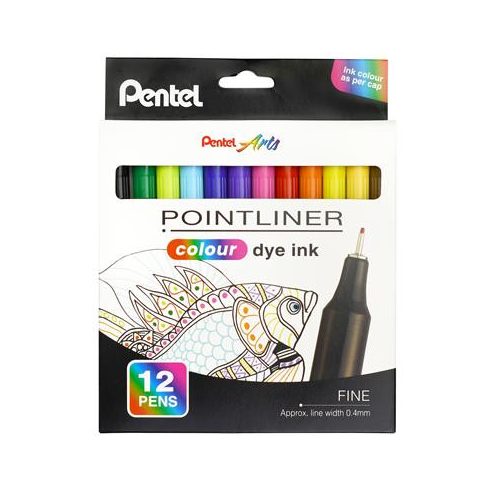 Tűfilc készlet, 0,4 mm, PENTEL "Pointliner", 12 különböző szín