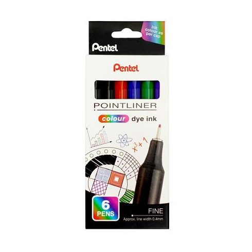 Tűfilc készlet, 0,4 mm, PENTEL "Pointliner", 6 különböző szín