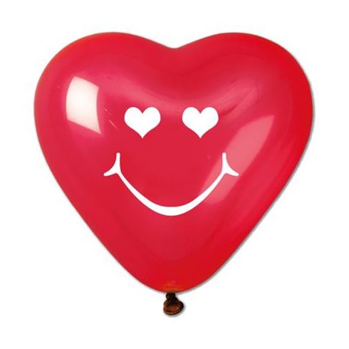 Léggömb, 40 cm, szív alakú, smiley, piros