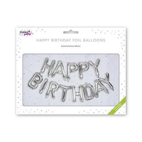 Léggömb, 40 cm, PUKKA PAD "Happy Birthday", ezüst
